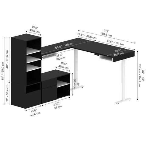 Two 72W L-Shaped Standing Desks with Credenza and Shelving Unit