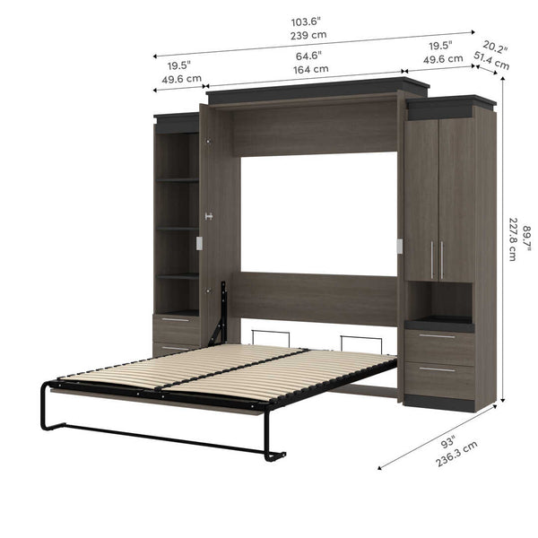 Queen Murphy Bed with Storage Cabinet and Tall Shelf with Drawers (106W)