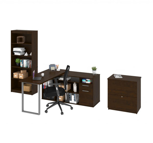 60W L-Shaped Desk with Lateral File Cabinet and Bookcase