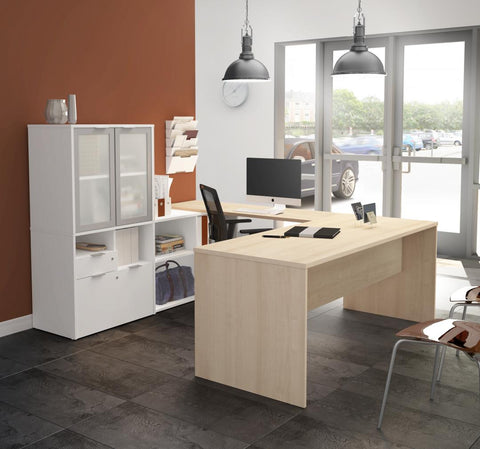 72W U-Shaped Executive Desk with Frosted Glass Doors Hutch