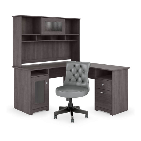 60W L Shaped Desk with Hutch and Mid Back Tufted Office Chair