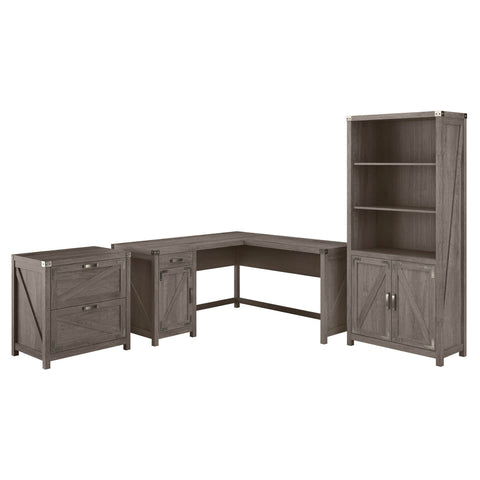 60W L Shaped Desk with Lateral File Cabinet and 5 Shelf Bookcase