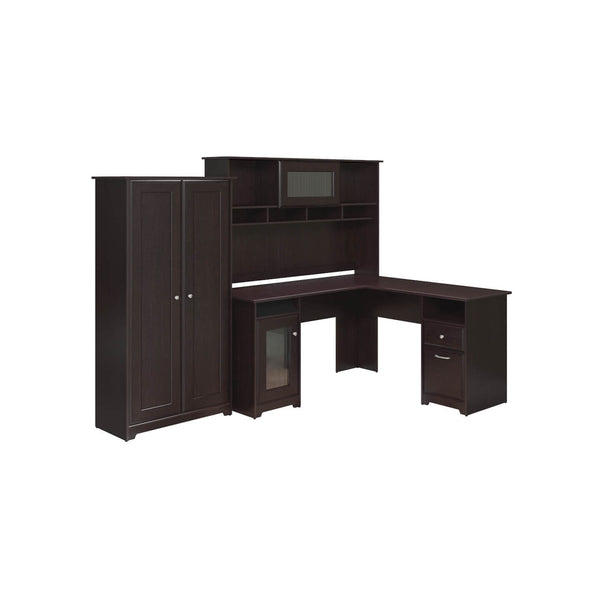 L Shaped Desk with Hutch and Tall Storage Cabinet with Doors