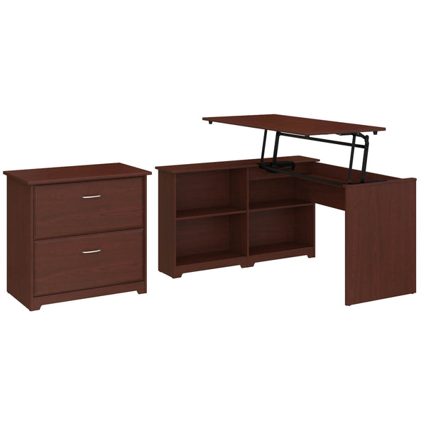 3 Position Sit to Stand Corner Bookshelf Desk with Lateral File Cabinet