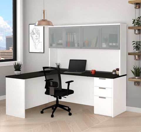 72W L-Shaped Desk with Pedestal and Frosted Glass Doors Hutch