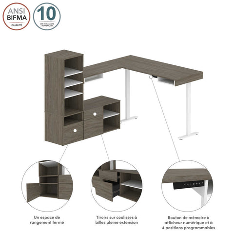 72W L-Shaped Standing Desk with Credenza and Shelving Unit