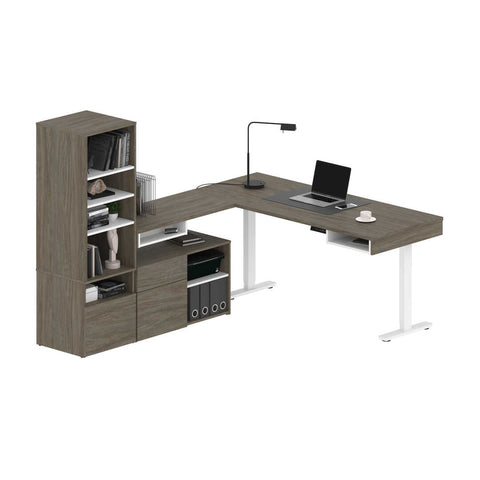 Two 72W L-Shaped Standing Desks with Credenza and Shelving Unit