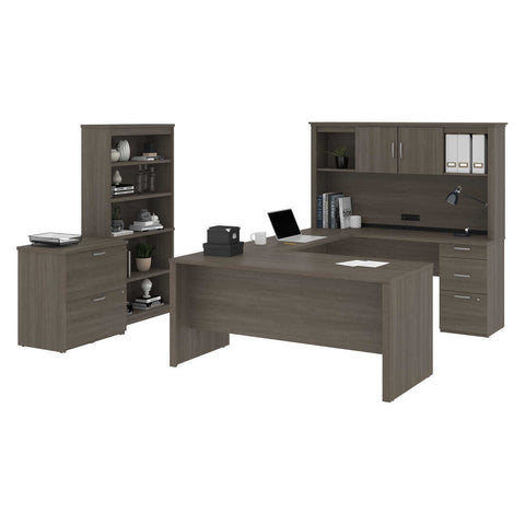 66W U-Shaped Desk with Hutch, Lateral File Cabinet, and Bookcase