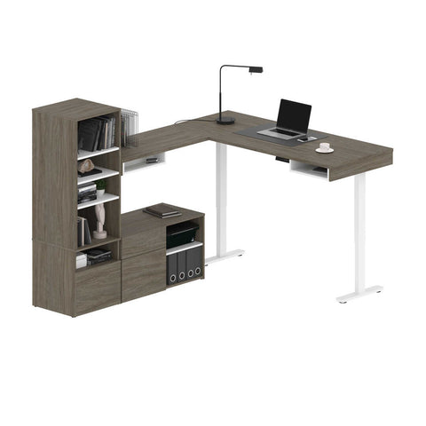 Two 72W L-Shaped Standing Desks with Credenza and Shelving Unit