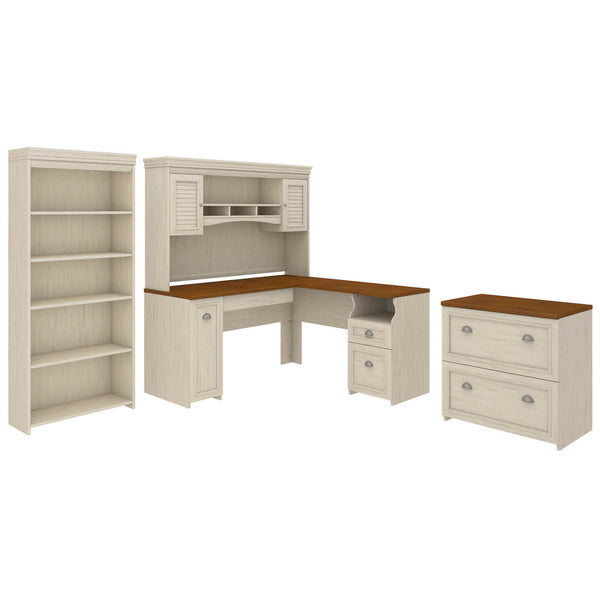 60W L Shaped Desk with Hutch, Lateral File Cabinet and Bookcase