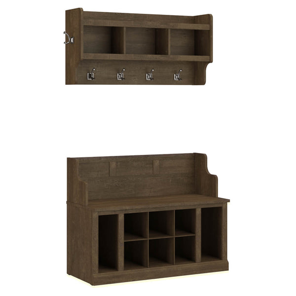 40W Entryway Bench with Shelves and Wall Mounted Coat Rack