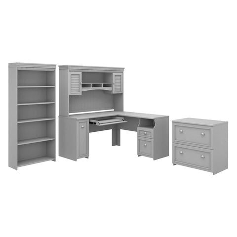 60W L Shaped Desk with Hutch, Lateral File Cabinet and Bookcase