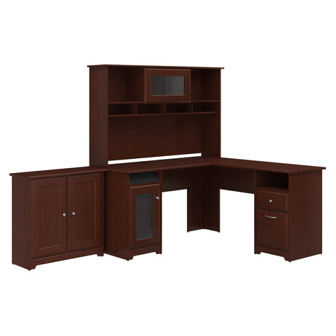 L Shaped Desk with Hutch and Small Storage Cabinet with Doors