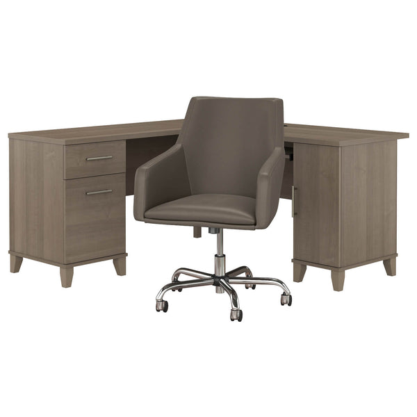 60W L Shaped Desk with Mid Back Leather Box Chair