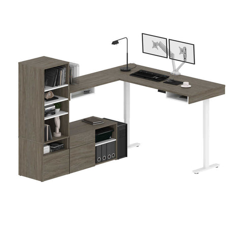 Two 72W L-Shaped Standing Desks with Dual Monitor Arms and Storage