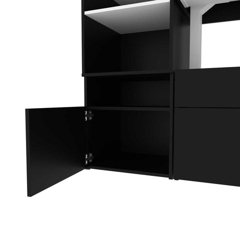 Two 72W L-Shaped Standing Desks with Credenza and Shelving Unit