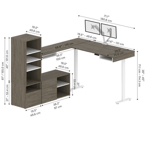 Two 72W L-Shaped Standing Desks with Dual Monitor Arms and Storage