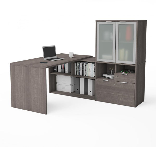 72W L-Shaped Desk with Frosted Glass Door Hutch