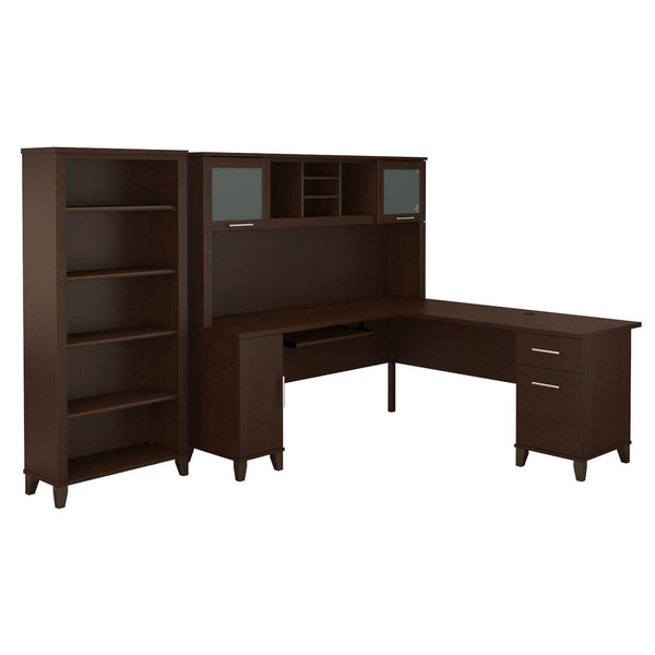 72W L Shaped Desk with Hutch and 5 Shelf Bookcase