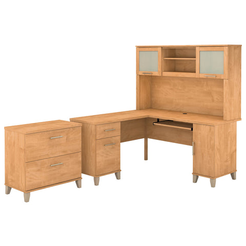 60W L Shaped Desk with Hutch and Lateral File Cabinet