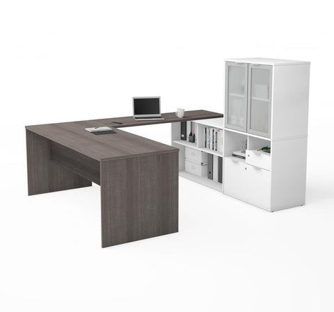 72W U-Shaped Executive Desk with Frosted Glass Doors Hutch