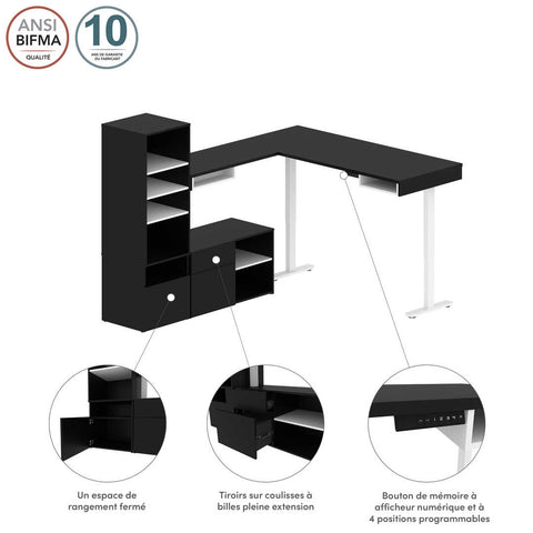 Two 72W L-Shaped Standing Desks with Credenza and Shelving Unit