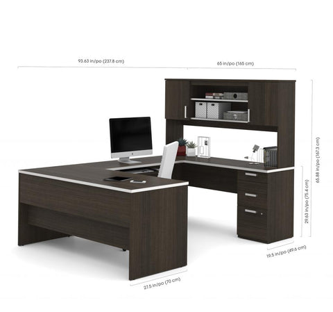 65W U-Shaped Desk with Hutch, Lateral File Cabinet, and Bookcase