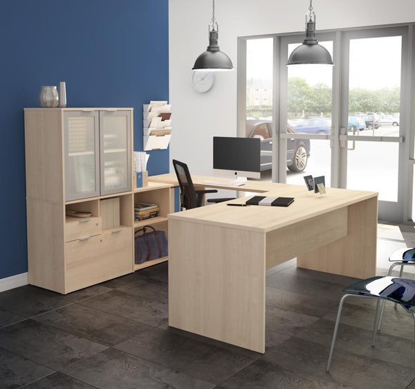 72W U-Shaped Executive Desk with Frosted Glass Doors Hutch