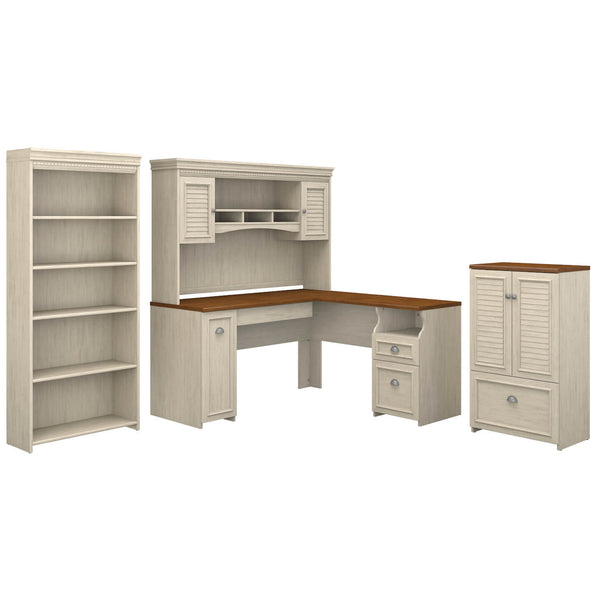 60W L Shaped Desk with Hutch, 5 Shelf Bookcase and Storage