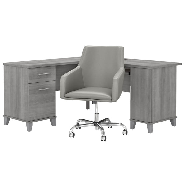 60W L Shaped Desk with Mid Back Leather Box Chair