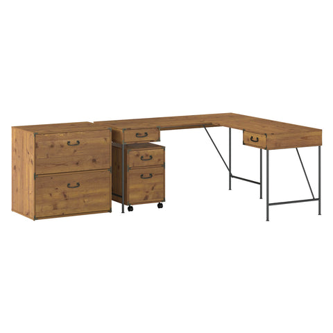 60W L Shaped Writing Desk with File Cabinets