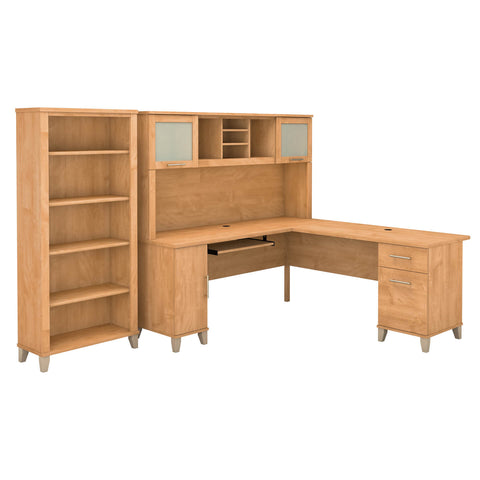 72W L Shaped Desk with Hutch and 5 Shelf Bookcase