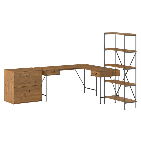 60W L Shaped Writing Desk with Lateral File Cabinet and Bookcase