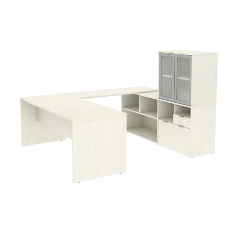 72W U-Shaped Executive Desk with Frosted Glass Doors Hutch