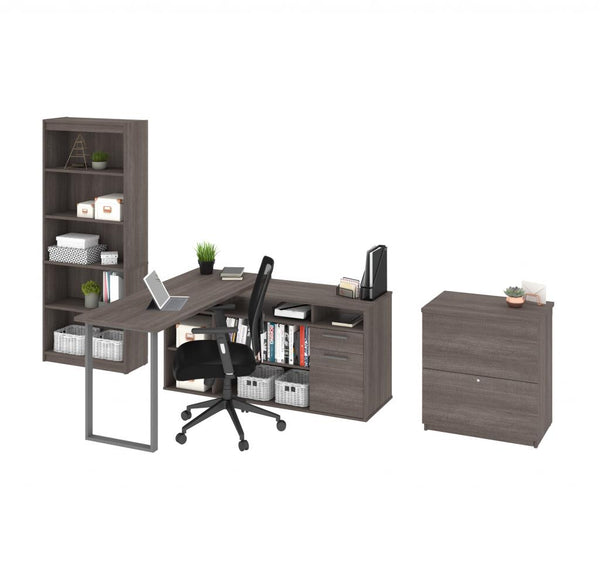 60W L-Shaped Desk with Lateral File Cabinet and Bookcase