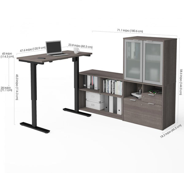 72W L-Shaped Standing Desk and Hutch with Frosted Glass Doors