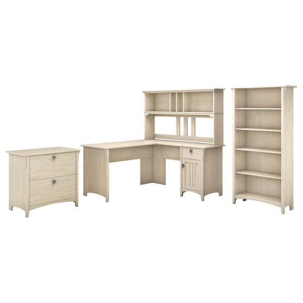 60W L Shaped Desk with Hutch, Lateral File Cabinet and Bookcase