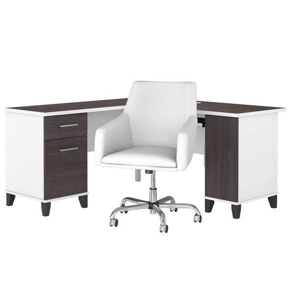 60W L Shaped Desk with Mid Back Leather Box Chair