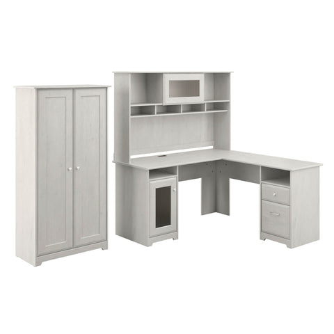 L Shaped Desk with Hutch and Tall Storage Cabinet with Doors