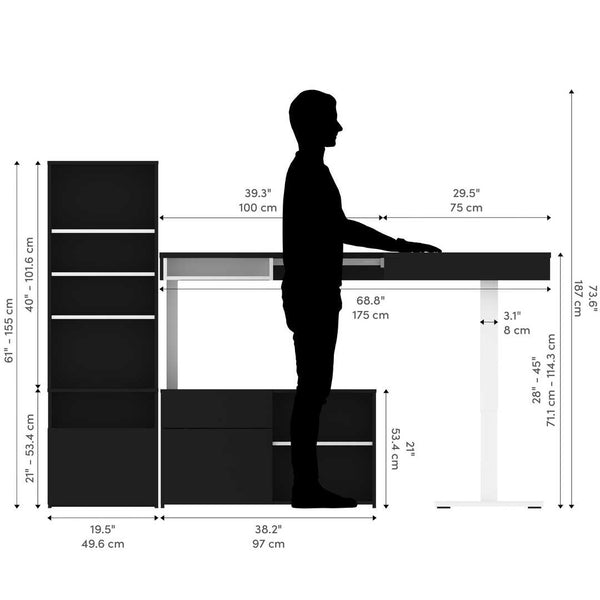 Two 72W L-Shaped Standing Desks with Credenza and Shelving Unit