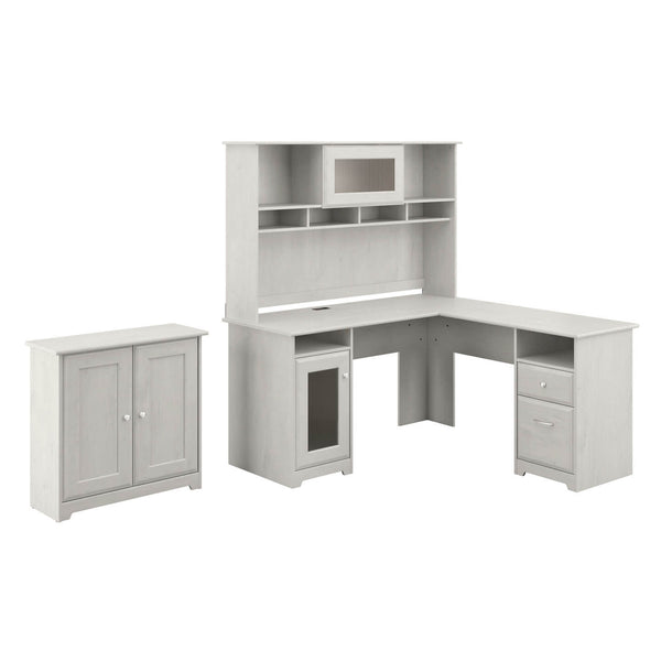 L Shaped Desk with Hutch and Small Storage Cabinet with Doors