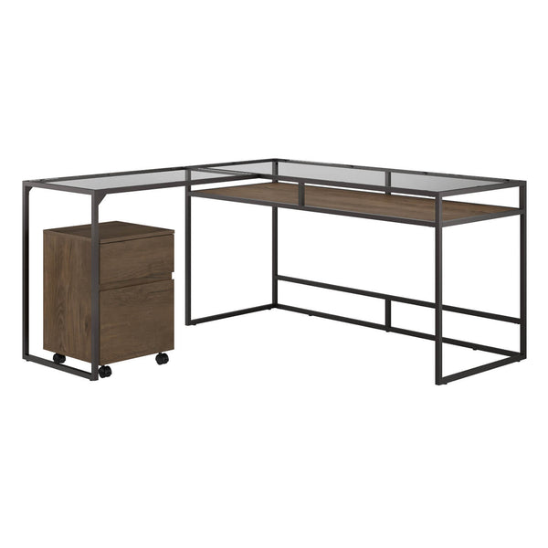 60W Glass Top L Shaped Desk with 2 Drawer Mobile File Cabinet