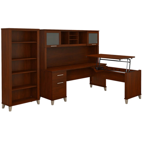 72W 3 Position Sit to Stand L Shaped Desk with Hutch and Bookcase