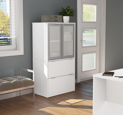 Lateral File Cabinet with Frosted Glass Doors Hutch