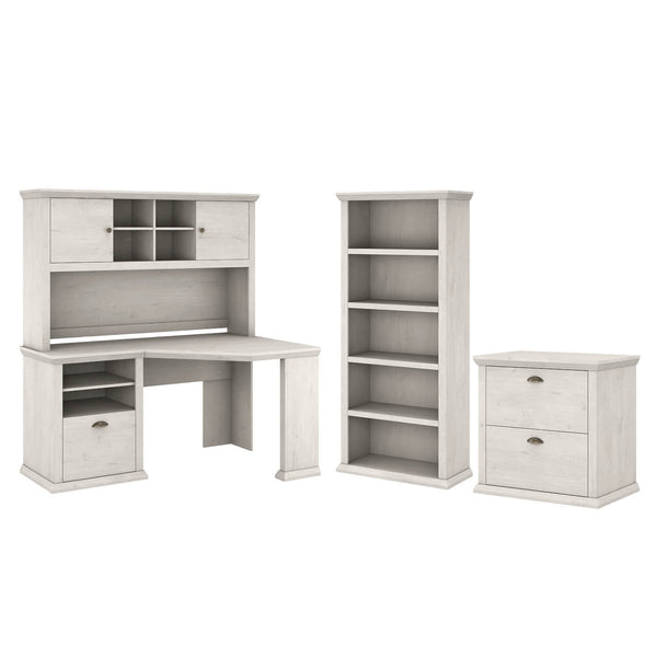 60W Corner Desk with Hutch, Lateral File Cabinet and 5 Shelf Bookcase