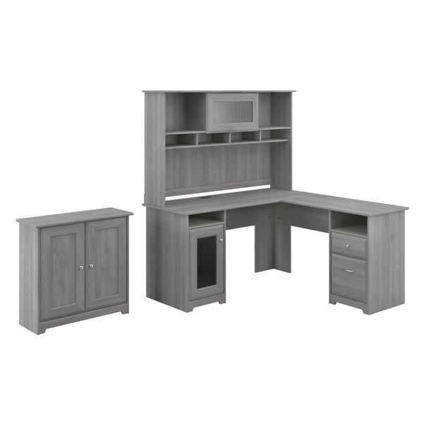 L Shaped Desk with Hutch and Small Storage Cabinet with Doors