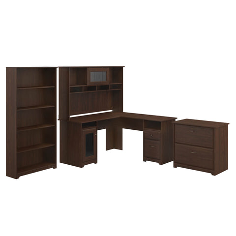 L Shaped Desk with Hutch, Lateral File Cabinet and 5 Shelf Bookcase