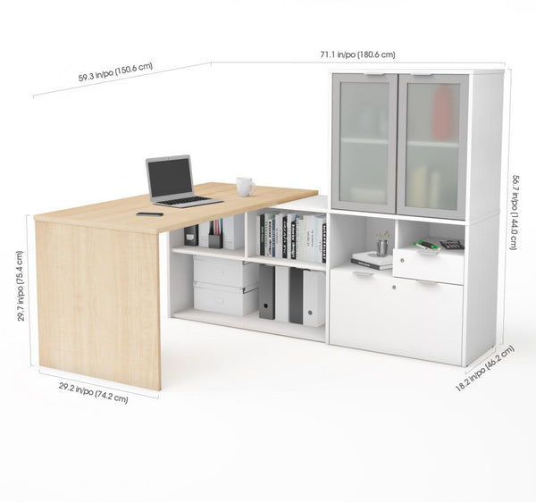 72W L-Shaped Desk with Frosted Glass Door Hutch