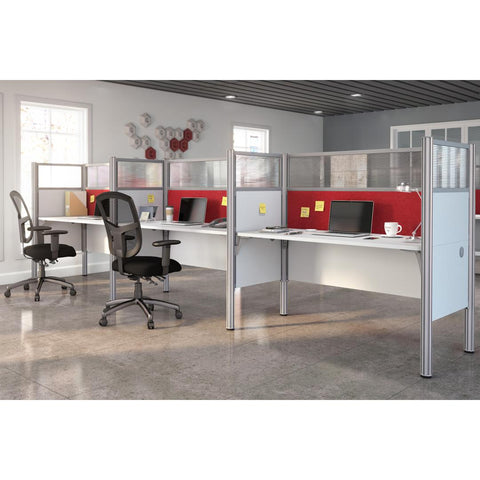 3-Person Office Cubicles with Red Tack Boards and High Privacy Panels