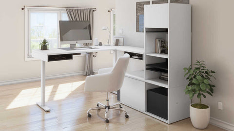 81W L-Shaped Standing Desk with Credenza and Narrow Hutch